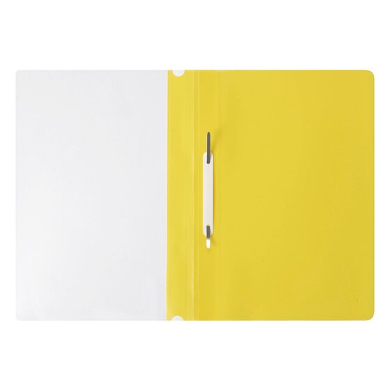 A yellow Marbig A4 economy flat file opened flat, showing the two prong metal fastener and its white retaining bar fitted against the spine, with the clear front cover lying open alongside.