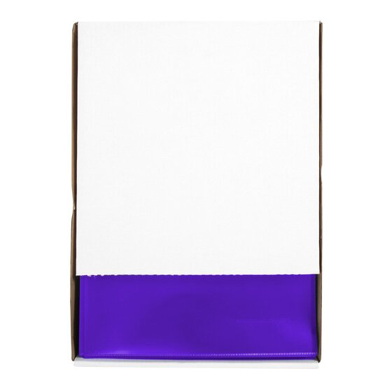 An opened Marbig carton of A4 letter files seen from above, white paper interleaves above and a purple Ultra letter file lying across the front of the box