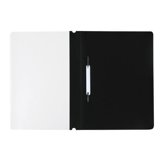 A black Marbig A4 economy flat file opened flat, showing the two prong metal fastener and its white retaining bar fitted against the spine, with the clear front cover lying open alongside.