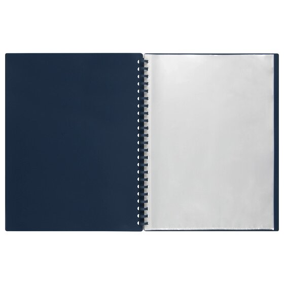 The dark blue Marbig refillable display book lying open, showing the plain dark blue inside cover on the left and clear A4 pockets on the right held by a matching spiral spine.