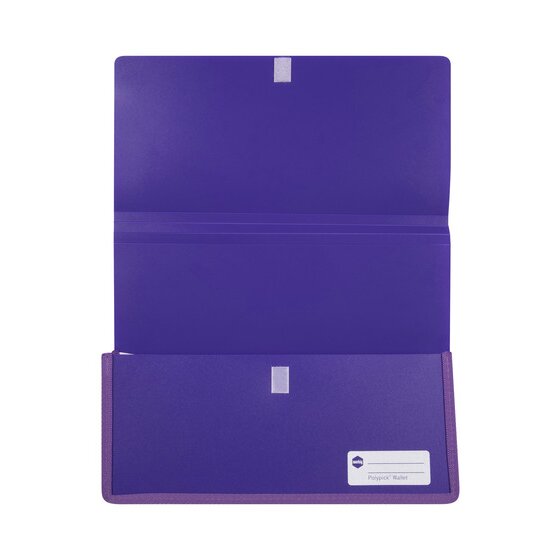 A purple Marbig Polypick heavy duty A4 document wallet opened out flat, showing the inside of the flap, the fabric trimmed gusset panel and the white Polypick Wallet label