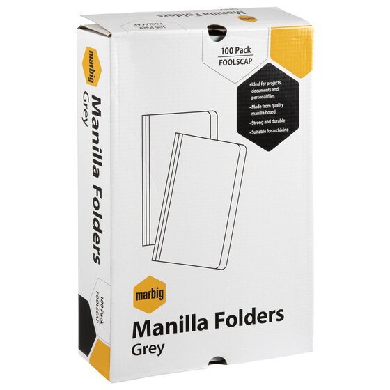 Current white Marbig retail carton for foolscap manilla folders in grey, printed 100 Pack FOOLSCAP with a line drawing of two folders and four feature lines covering projects and personal files, quality manilla board, strength and archiving. The pack carries no certification mark.