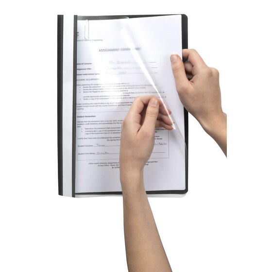 Hands lifting the clear front cover of a black Marbig A4 economy flat file to reach a printed assignment cover sheet held inside on the fastener.
