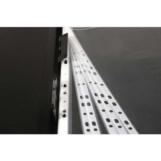 Close up of the Marbig A3 display book spine showing the black clip rail with three white punched pocket strips clipped onto it against the black cover.