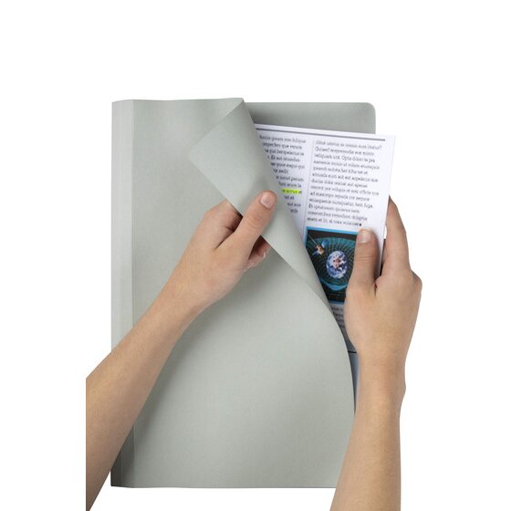 Two hands holding an open grey Marbig foolscap manilla folder with a printed document inside, the front panel lifted to show the plain interior and the scored fold running down the spine.