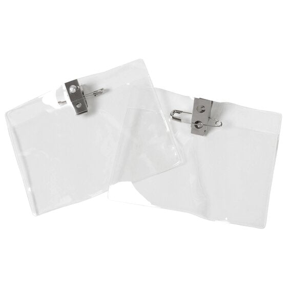Two Rexel large clear card holders side by side, each with a silver coloured clip and safety pin at the top edge