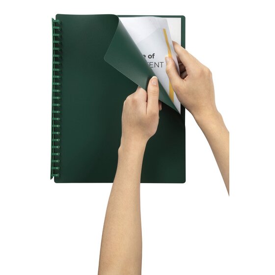 A dark green Marbig A4 refillable display book held in two hands while a printed page is slipped into the first clear pocket behind the green front cover.