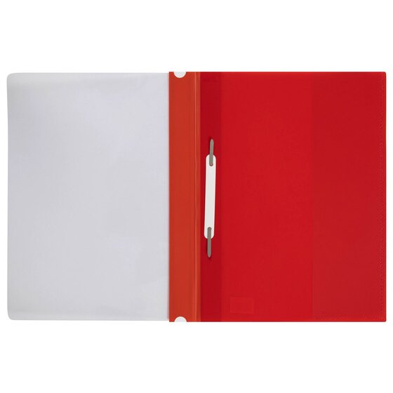 A red Marbig A4 Deluxe flat file opened flat, showing the plain inside front cover, the punched holes at the spine and the two prong metal fastener held by a white slide bar