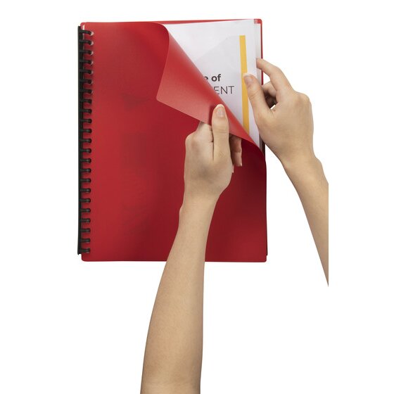 A red Marbig forty pocket A4 display book held open in two hands as a printed page is fed into the first clear pocket behind the red front cover.