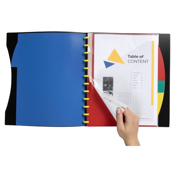 A hand lifting a clear pocket inside the open Marbig Kwik Zip A4 display book 2020202 to reveal a printed Table of Content page, with the lime green zip spine and coloured divider tabs visible