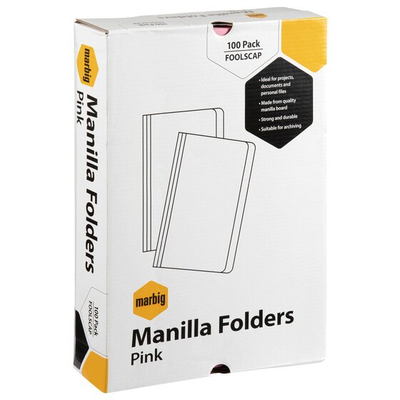 The current white Marbig carton for pink foolscap manilla folders, printed 100 Pack Foolscap with bullet points reading ideal for projects, made from quality manilla board, strong and durable and suitable for archiving.