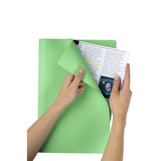 Two hands holding an open light green Marbig foolscap manilla folder with a printed document inside, the front cover folded back to show the plain square edged panel and the crease down the spine.