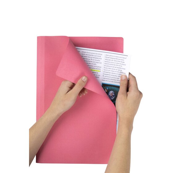 Two hands holding an open pink Marbig foolscap manilla folder on white, the front cover lifted to show a printed page resting inside against the back board.