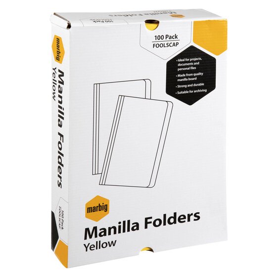 The current white Marbig carton for yellow foolscap manilla folders, printed 100 Pack Foolscap with bullet points reading ideal for projects, made from quality manilla board, strong and durable and suitable for archiving.