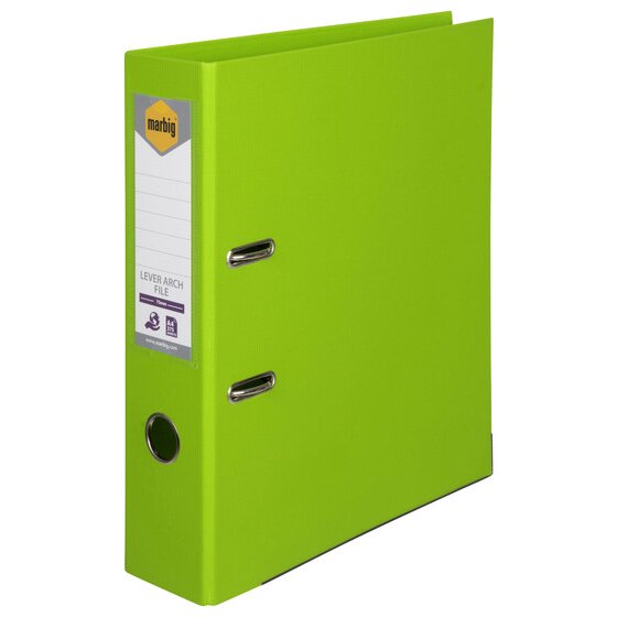 Single Marbig lever arch file in lime standing upright, showing the spine label, the metal thumbhole and two metal edged slots on the front cover