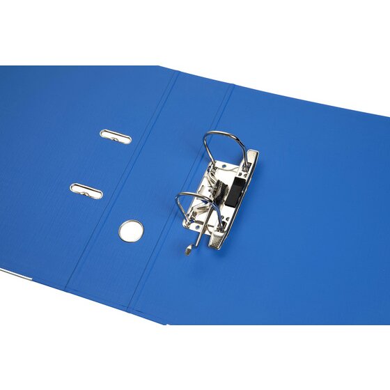 Blue Marbig lever arch file lying open to show the metal lever arch mechanism fixed inside the cover