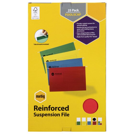 Marbig Reinforced Suspension File carton marked 25 Pack Foolscap, picturing green, blue and red files, with a tabs and inserts included panel and a purple feature panel