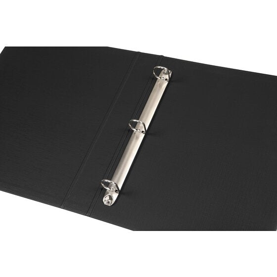 Close view of the open Marbig 5073002 A4 binder showing three metal rings on a chrome rail fixed to the inside of the black polyethylene cover.
