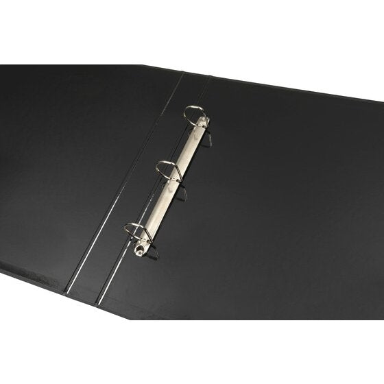 Close view of the open Marbig 5010002 A3 binder showing three metal rings on a chrome rail fixed to the inside of the black board cover, rings closed.