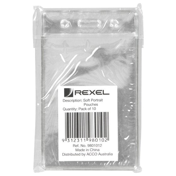 Pack of Rexel soft portrait pouches in clear film with a label reading Soft Portrait Pouches, Pack of 10 and Ref. No. 9801012