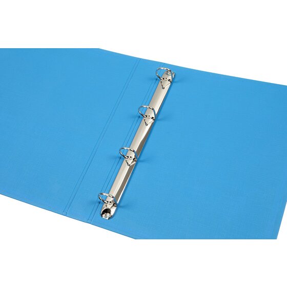 Close view of the open Marbig 5004001 A4 binder showing four metal rings on a chrome rail fixed to the inside of the blue polyethylene cover, the inner face otherwise plain.