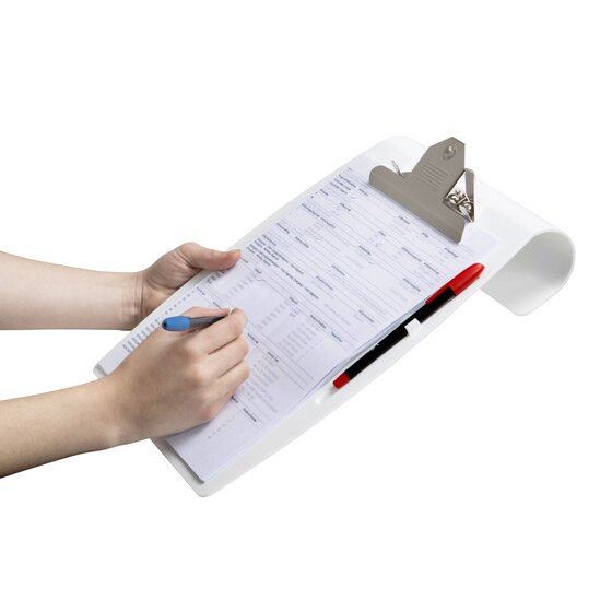 Hand writing with a blue pen on a form held by the metal clip of the white Marbig Hang It A4 clipboard 4420008, a red pen resting in the side holder
