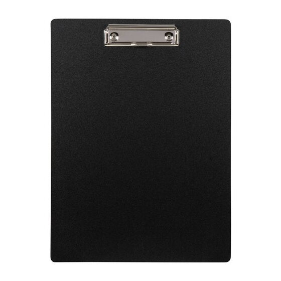 Front view of the black Marbig Enviro A4 clipboard 4400402 with a chrome clip centred at the top edge