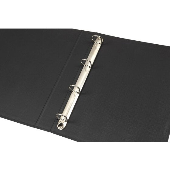 Close view of the open Marbig 5004002 A4 binder showing four metal rings on a chrome rail fixed to the inside of the black polyethylene cover.