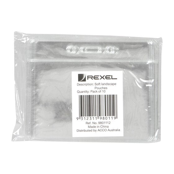 Rexel soft landscape pouches in their clear pack with a Rexel label reading Soft landscape Pouches, Pack of 10, with barcode and Ref. No. 9801112
