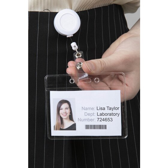 A clear Rexel soft landscape pouch hung from a white badge reel at the waist, with a hand holding a sample staff card inside