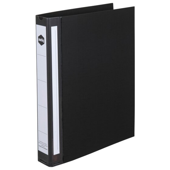 Black Marbig 5004002 A4 ring binder standing upright with the cover part open, showing the white spine label panel and clear front label strip.