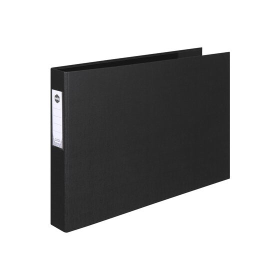 Black Marbig 5011002 A3 landscape ring binder standing closed, wider than it is tall, with a clear spine label holder and white insert on the left edge.