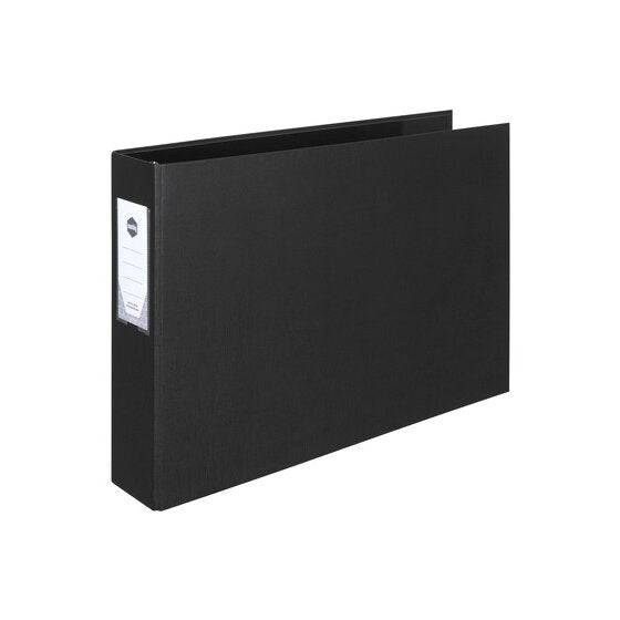 Black Marbig 5021002 A3 landscape ring binder standing closed with a deep spine and a clear label holder carrying a white insert on the left edge.