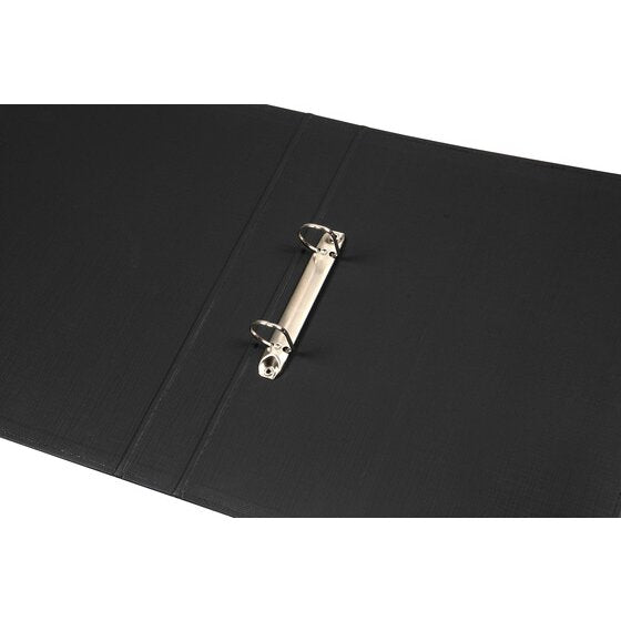 Close view of the open Marbig 5072002 A4 binder showing two metal rings on a chrome rail fixed to the inside of the black polyethylene cover.