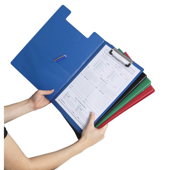 Hands holding a blue Marbig A4 clipfolder open with a form under the chrome clip and a pen in the inside pocket, with black, green and red clipfolders behind it