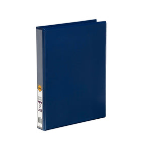 Closed blue Marbig Clearview insert binder standing upright on a plain background, with the printed marbig retail label down the spine and a slim 25mm profile.