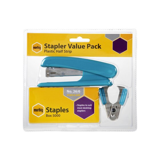 Marbig Stapler Value Pack blister card with a blue plastic half strip stapler, a blue staple remover and a No. 26/6 staples Box 5000