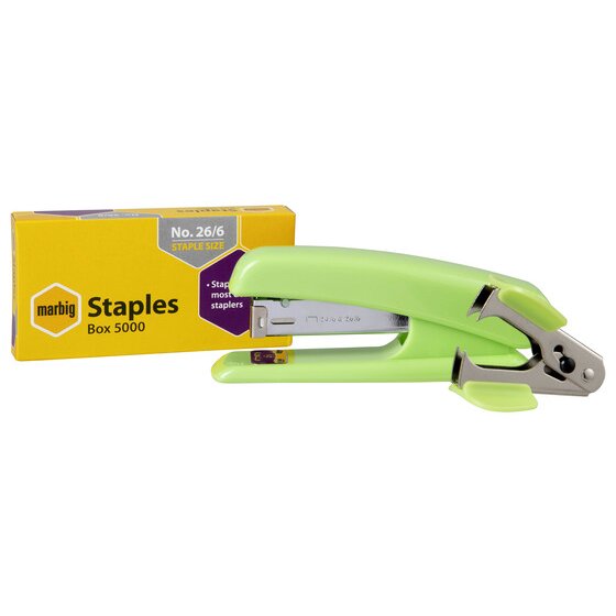 Lime Marbig half strip stapler with a matching staple remover in front of a yellow Marbig No. 26/6 staples Box 5000