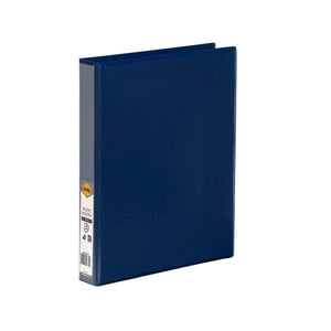 Closed blue Marbig Clearview insert binder standing upright, with the printed marbig retail label visible down the spine and the clear overlay edge along the cover.