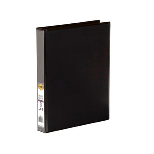 Closed black Marbig Clearview insert binder standing upright, with the printed marbig retail label visible down the spine and the clear overlay edge along the cover.