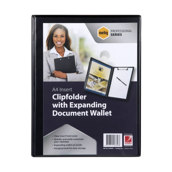 Marbig Professional Series A4 insert clipfolder with its retail card behind the clear front cover, listing the clear insert cover, expanding wallet and hanging hook