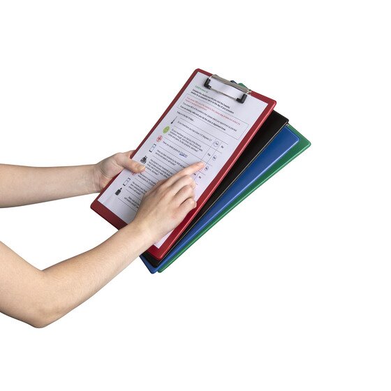 Hands holding a stack of Marbig A4 clipboards in red, black, blue and green, a printed checklist under the clip of the red board