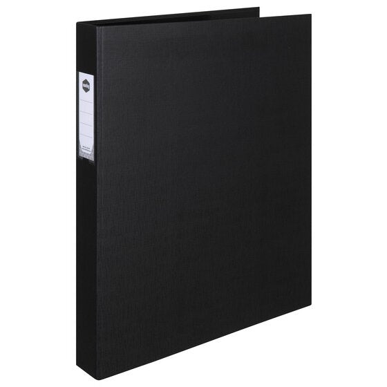 Black Marbig 5010002 A3 portrait ring binder standing upright with the front cover ajar, clear spine label holder on the left edge carrying a white insert.