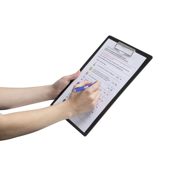 Hand writing with a blue pen on a checklist held by the clip of the black Marbig Enviro A4 clipboard 4400402