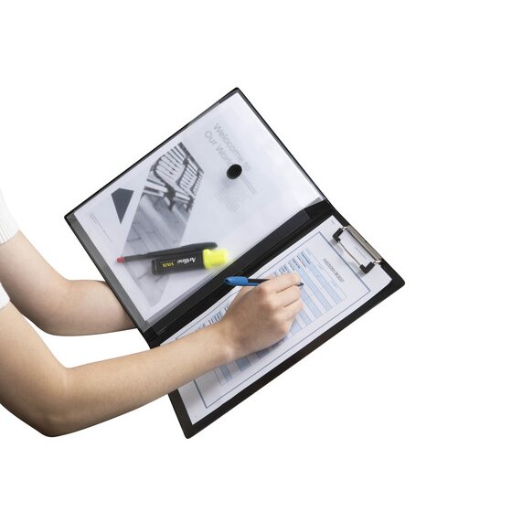 Hand writing on a form in an open Marbig insert clipfolder, a highlighter and pen inside the clear expanding wallet on the inside cover