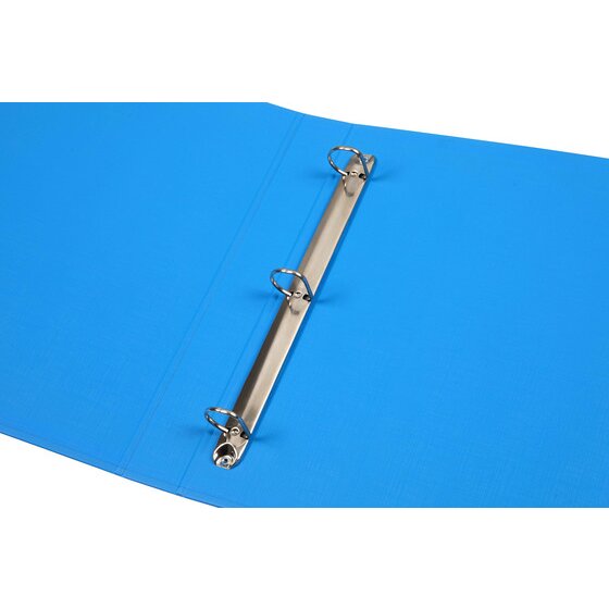 Close view of the open Marbig 5073001 A4 binder showing three metal rings on a chrome rail fixed to the inside of the blue polyethylene cover.