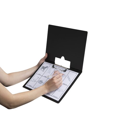 Hands writing on a landscape worksheet in a black Marbig landscape clipfolder, the cover lifted upward from the top edge