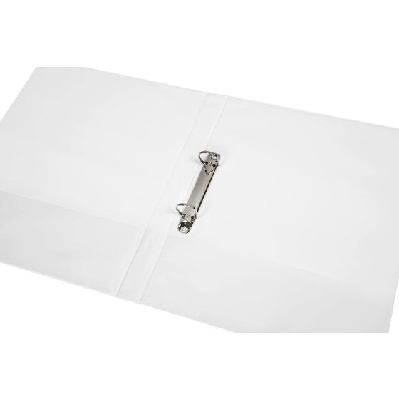 Marbig Clearview insert binder in white lying open, showing the two D shaped rings of the 19mm mechanism on a rail fixed to the back cover.