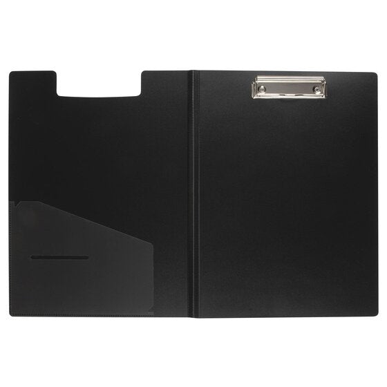 Marbig Enviro clipfolder opened flat, black inside cover with a pocket and slot on the left and the silver clip on the right