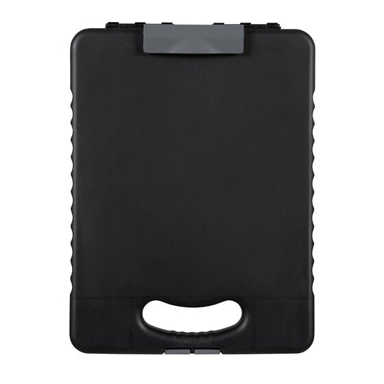 Front of the closed Marbig heavy duty clipboard case 8331501, a dark case with a grey clip bar at the top, ridged side grips and a carry handle cut-out at the base